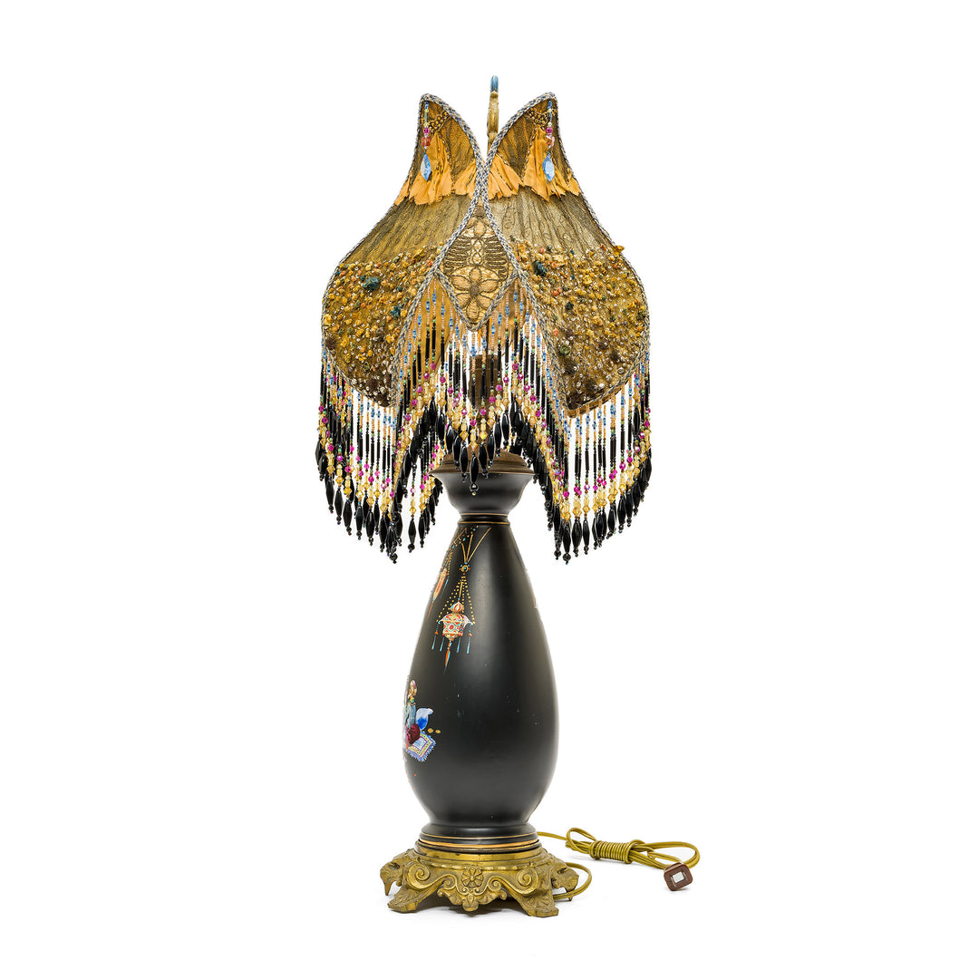 Ornate embroidered lamp with cascading crystal beadwork