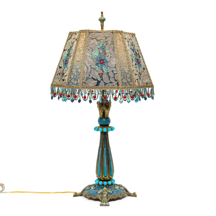 Ornate embroidered fabric shade lamp with beaded fringe