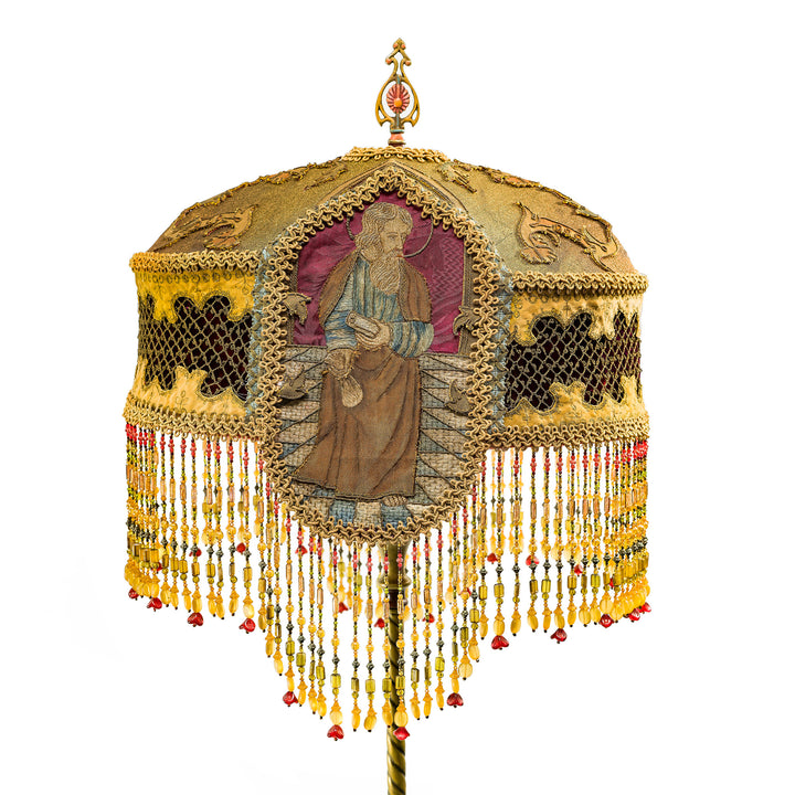 Ornate religious embroidered lamp with beaded fringe