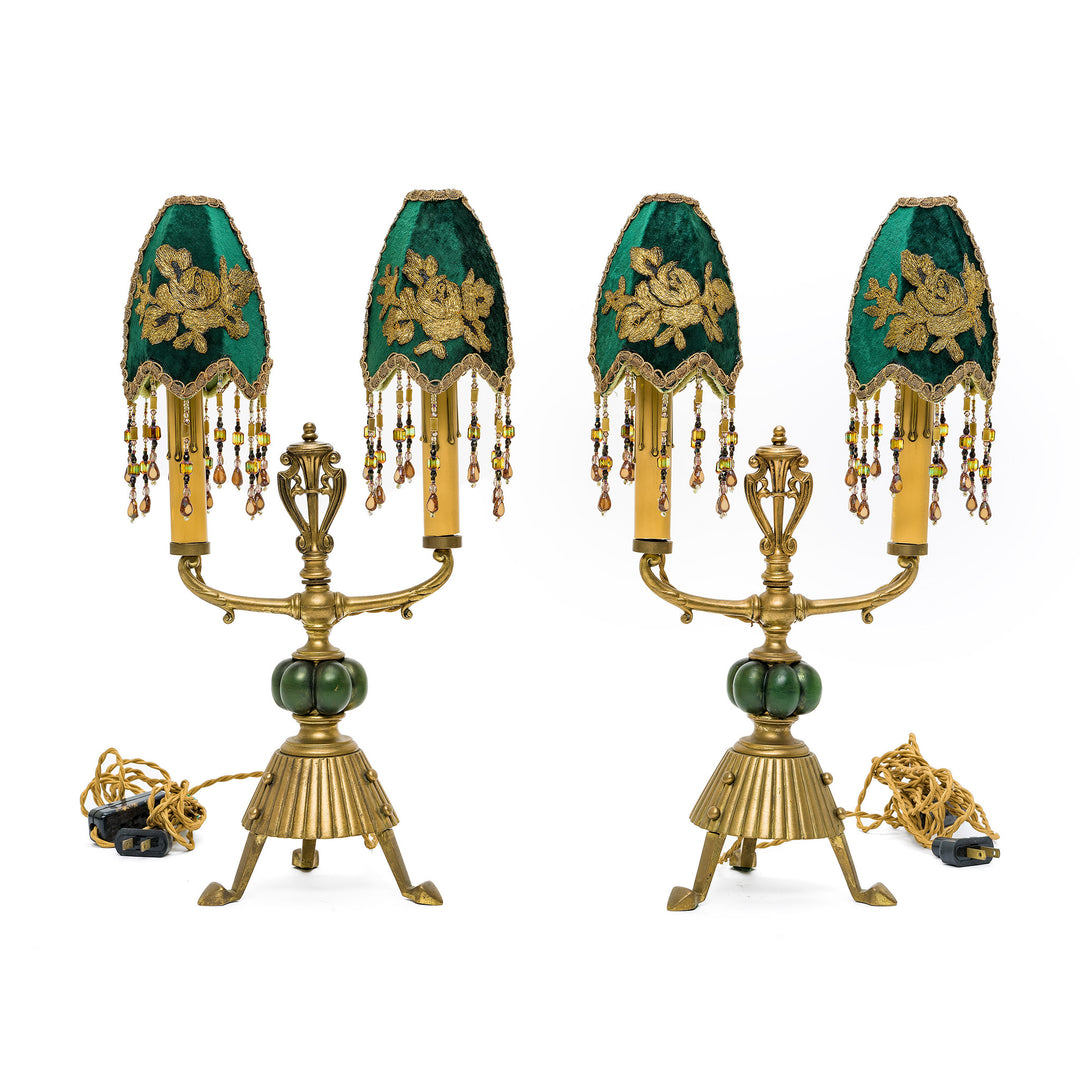 Pair of antique bronze lamps with green velvet embroidered shades