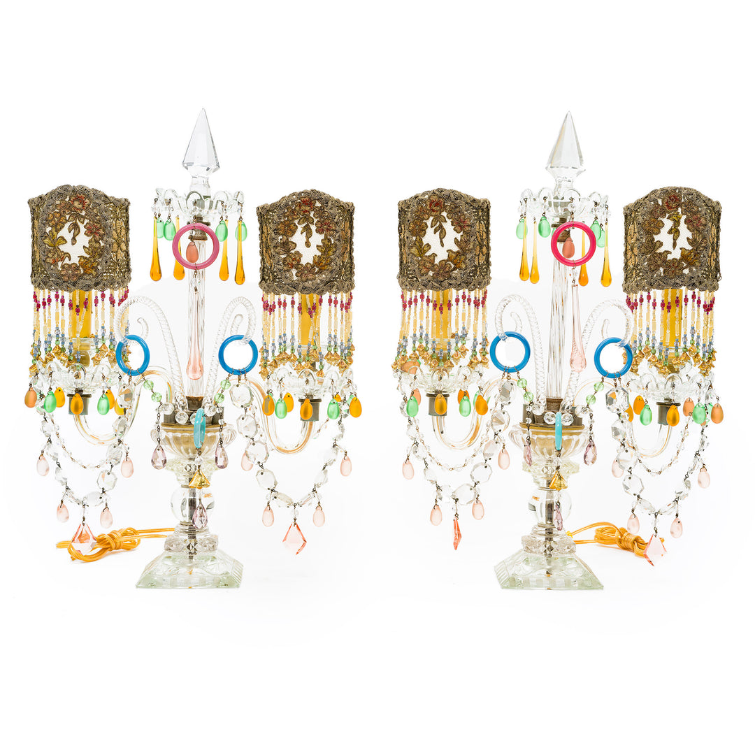 Pair of antique crystal lamps with embroidered shades and beaded fringe