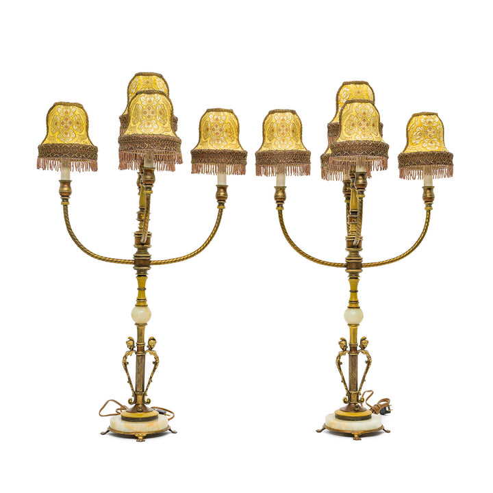 Pair of hand-embroidered bronze lamps with antique materials