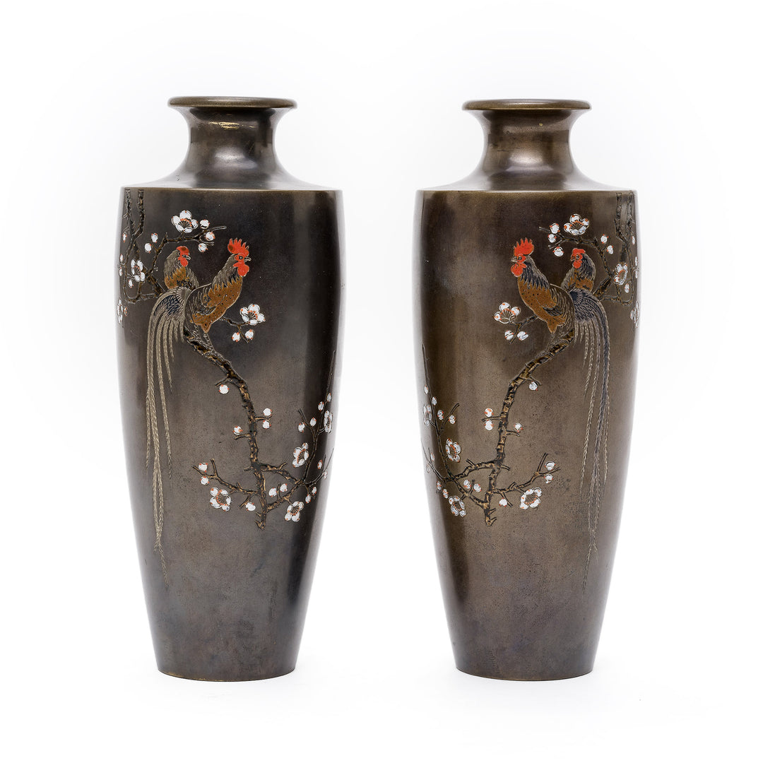 Front view of the pair of inlaid bronze vases with rooster motifs