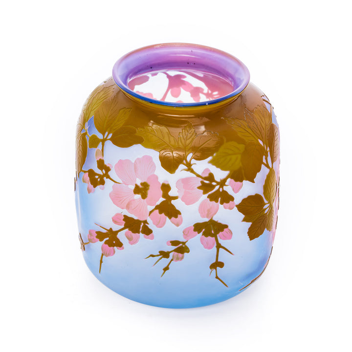Pink and gold floral enamel on Galle vase