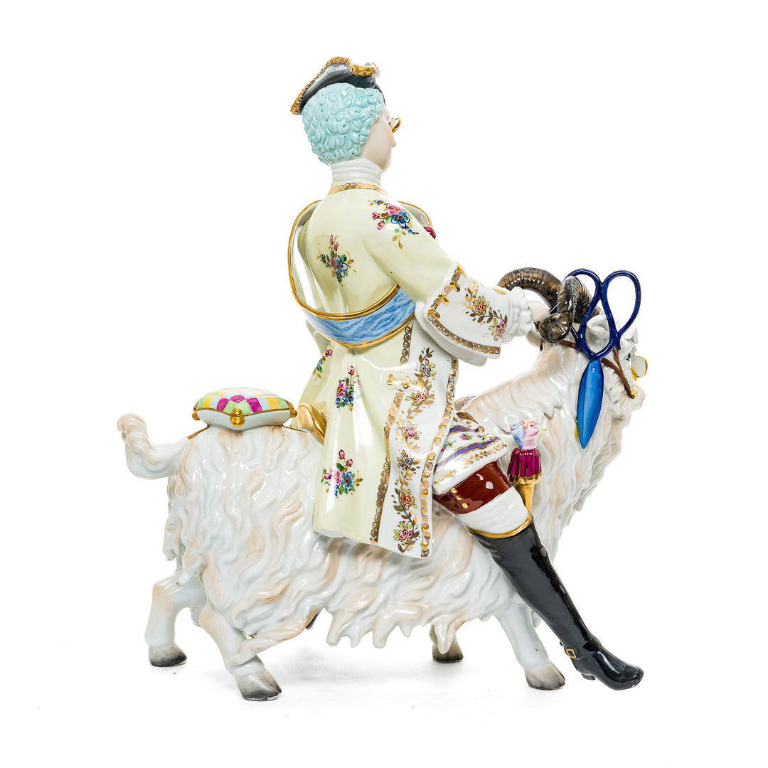 Playful porcelain figurine of a nobleman on a goat, made from fine German porcelain.