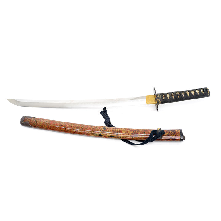 Full view of antique Japanese katana with curved blade