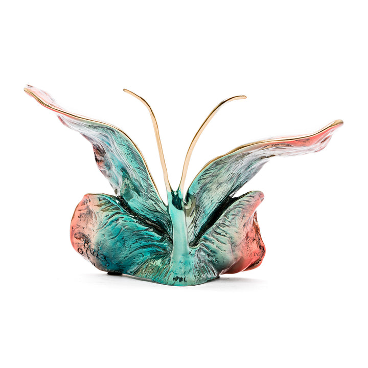 Rear view of bronze butterfly with flowing enamel wings