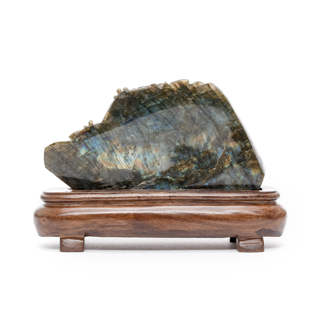 Rear of labradorite sculpture showing natural stone
