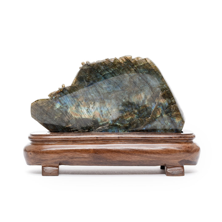 Rear of labradorite sculpture showing natural stone