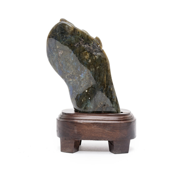 Rear view of labradorite bust with natural stone texture