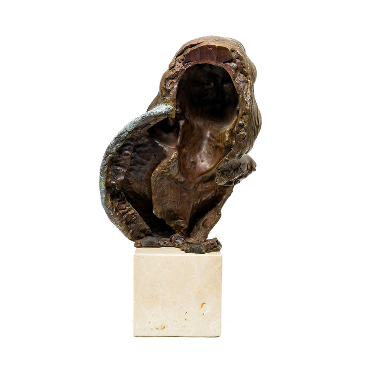 Rear view exposing sculptural interior and raw bronze finish
