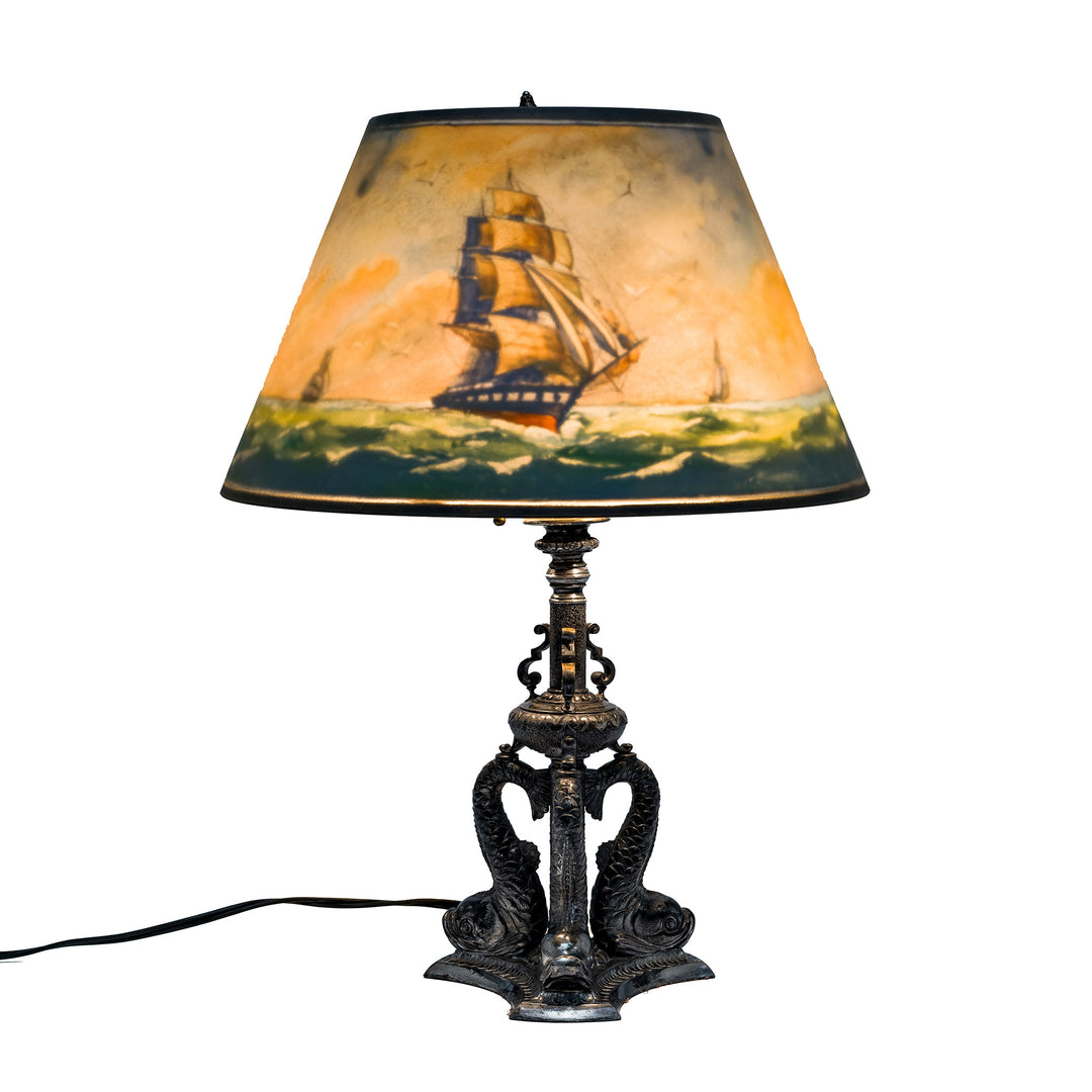 Dramatic reverse painted nautical shade featuring Spanish galleon
