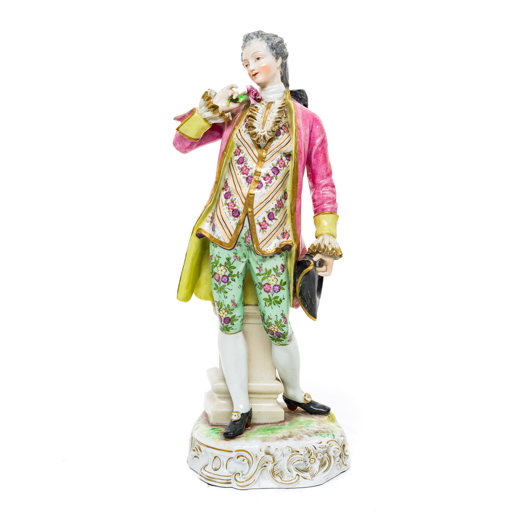 Rococo Gentleman in Floral German porcelain figurine, depicting an 18th-century gentleman with a rose.