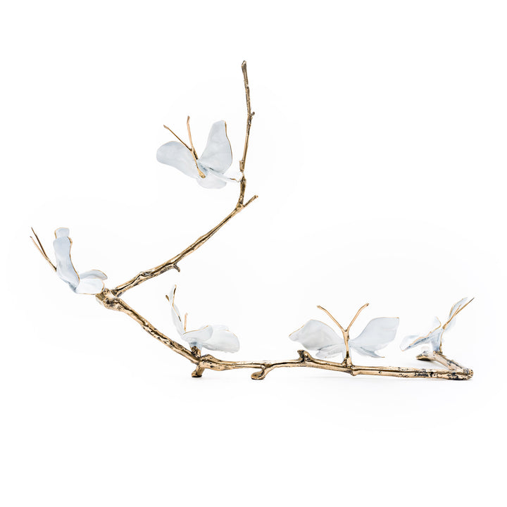 Full side angle of Daybreak sculpture with six butterflies