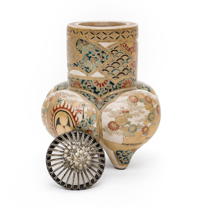 Back view of Satsuma vase with textured chrysanthemum motifs