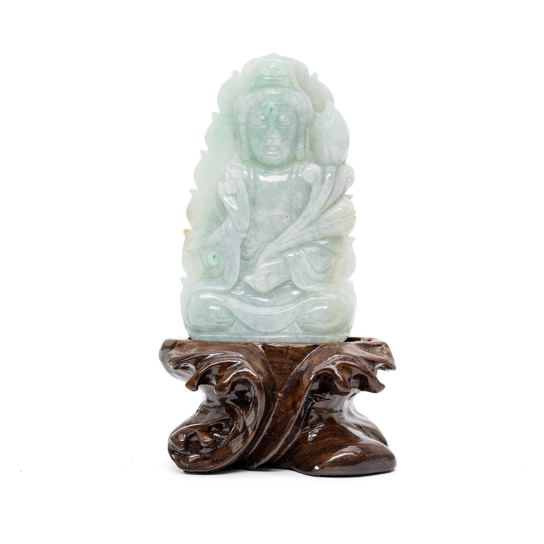 Seated jade Guan Yin sculpture with floral scepter