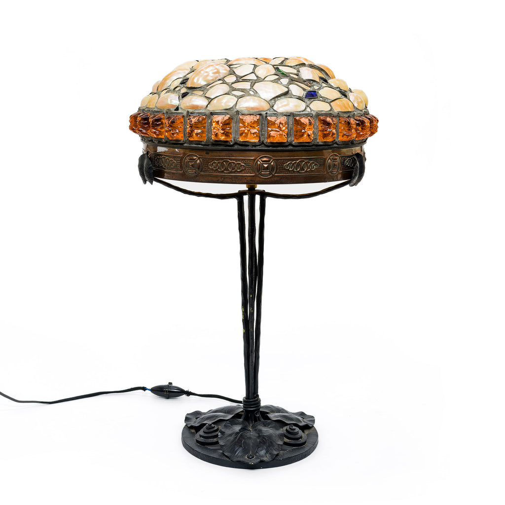 Antique Austrian Shell Mosaic & Amber Jewel Lamp