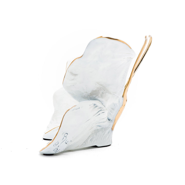 Side view of white bronze butterfly with golden edges