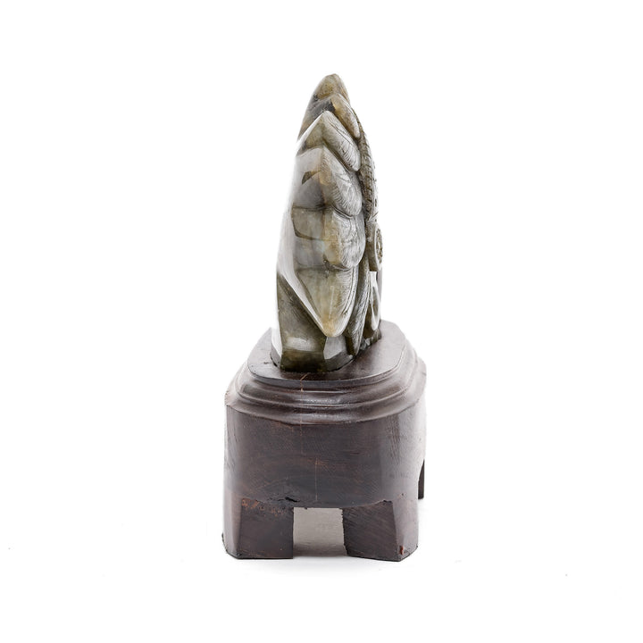 Side profile of warrior head sculpture in labradorite