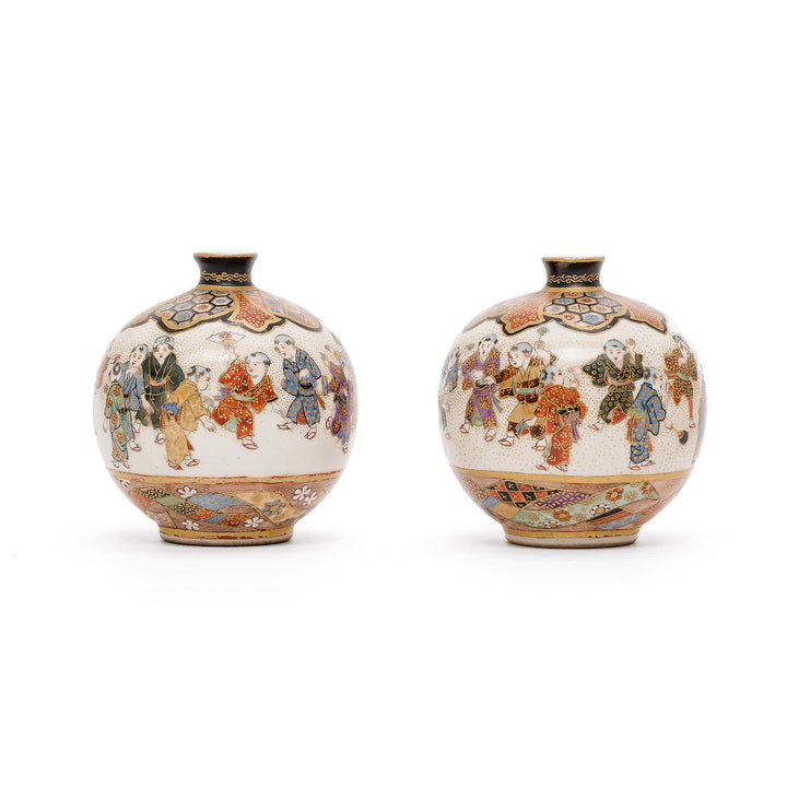 Side view of traditional Japanese Satsuma pottery vases