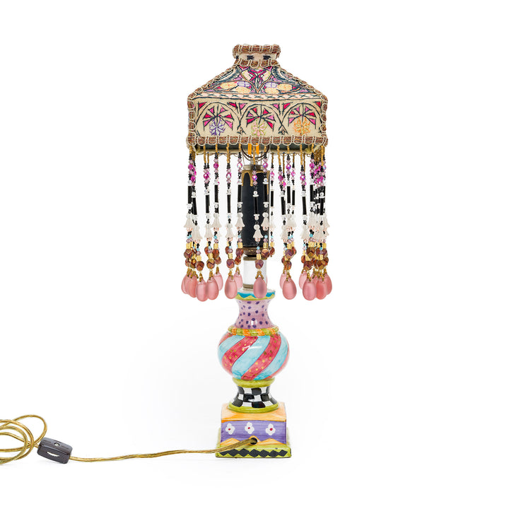 Small antique lamp with beaded fringe and geometric design