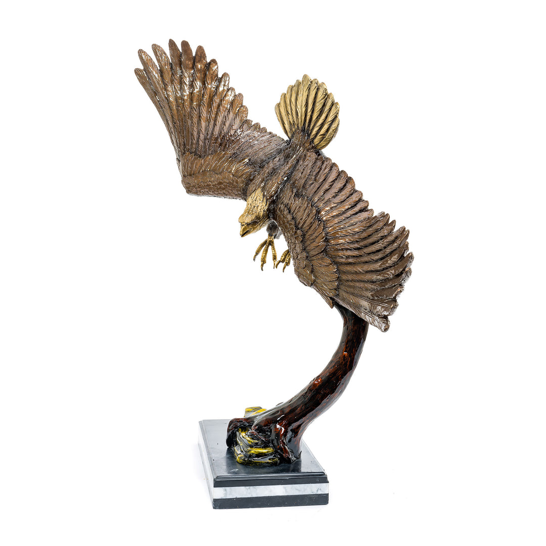 Soaring Eagle bronze sculpture by Muzika with dynamic wings and custom patina.