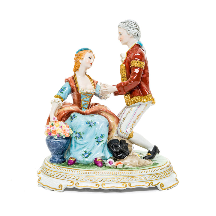 Tender Proposal by the Flowers German porcelain figurine of a romantic couple.