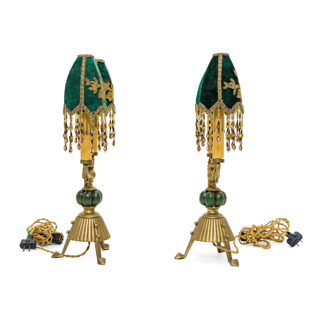 Vintage green and gold table lamps with cascading beaded fringe