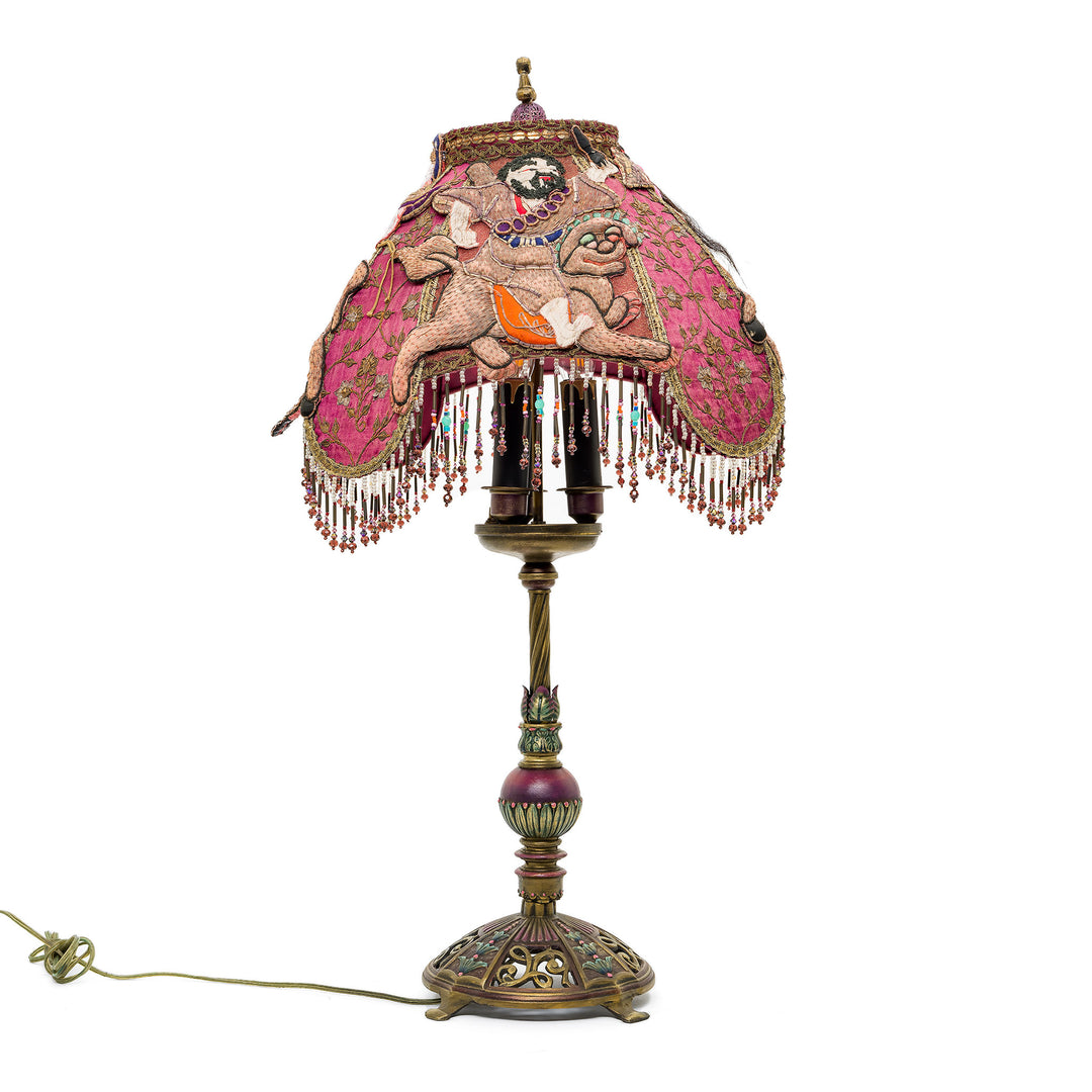 Vintage warrior embroidered lamp with beaded fringe