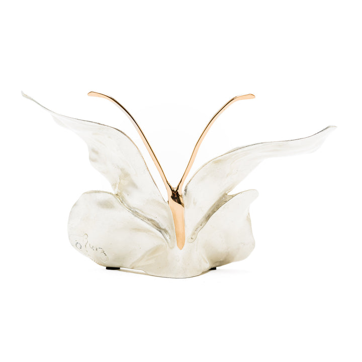 Rear view of satin-finished bronze butterfly with gold body
