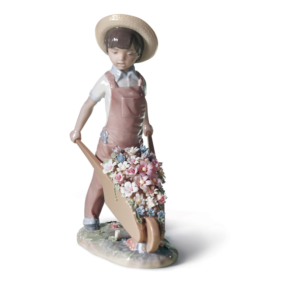 Lladro Wheelbarrow with Flowers Boy Figurine - 01001283
