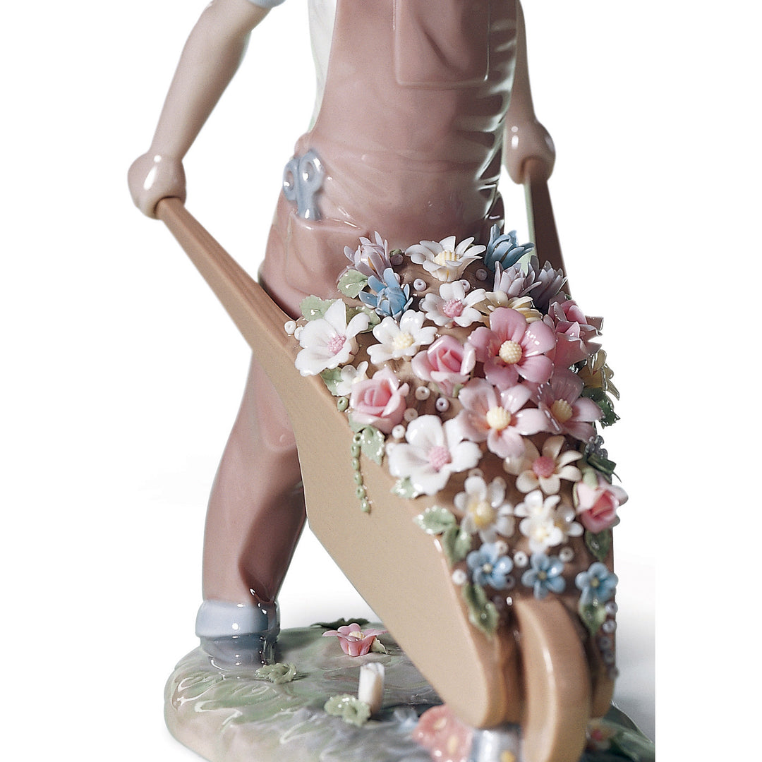 Image 2 Lladro Wheelbarrow with Flowers Boy Figurine - 01001283