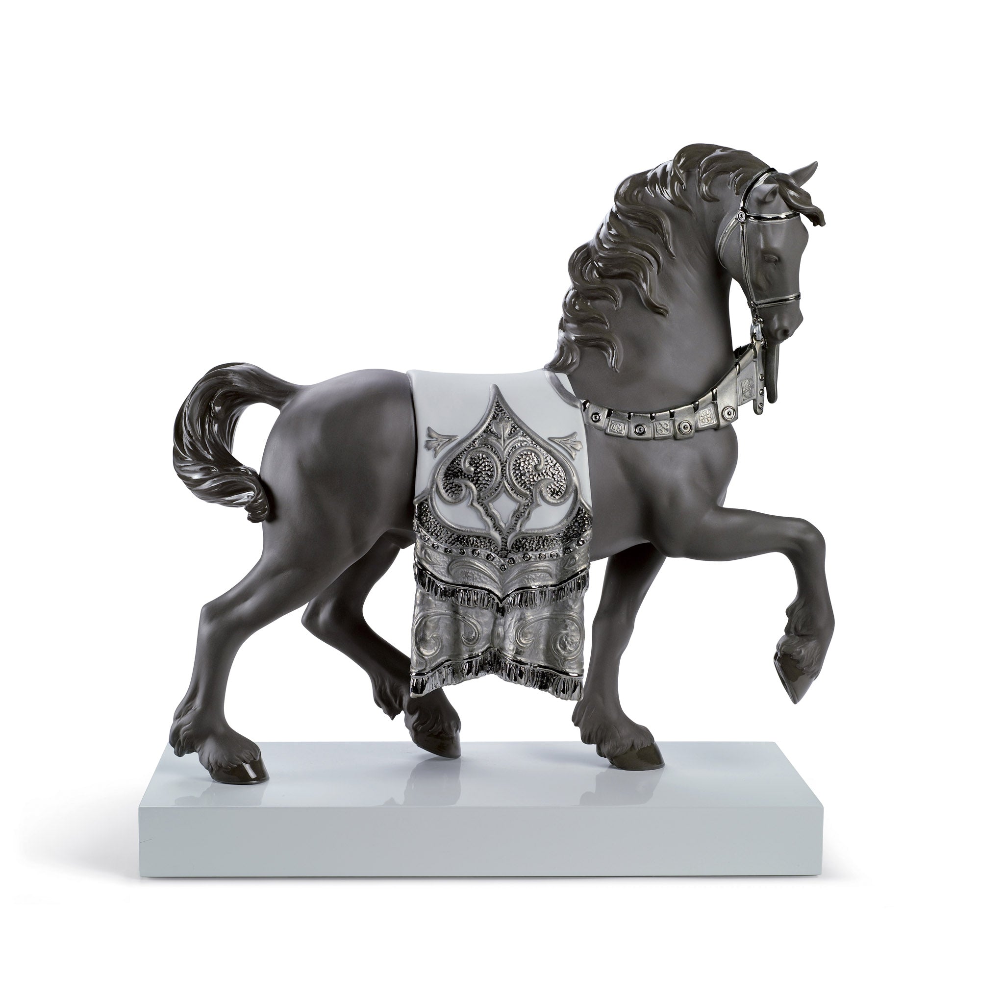 A Regal Steed Horse Sculpture. Silver Lustre