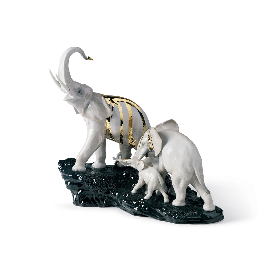 Lladro Celebration Elephants on Black Rock Figurine - 01007235