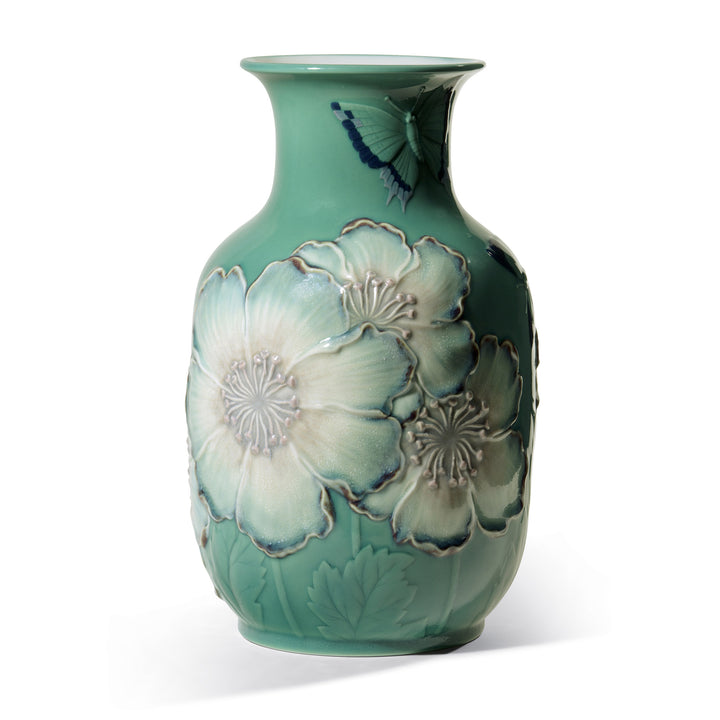 Lladro Poppy Flowers Tall Vase. Green. Limited Edition - 01008648
