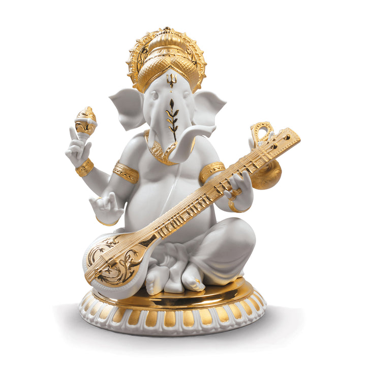 Lladro Veena Ganesha Figurine. Golden Lustre - 01009276