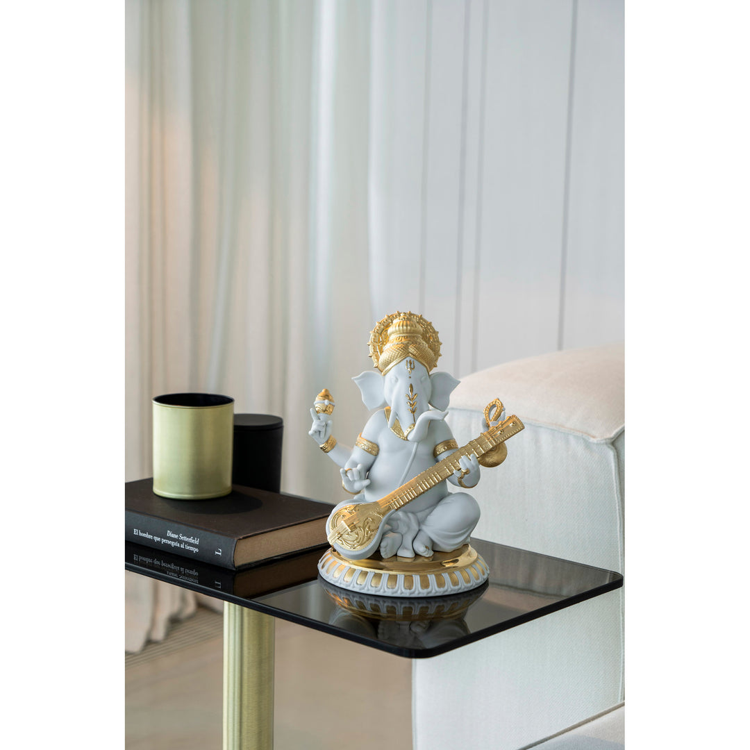 Image 4 Lladro Veena Ganesha Figurine. Golden Lustre - 01009276