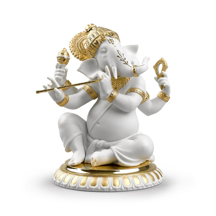 Lladro Bansuri Ganesha Figurine. Golden Lustre - 01009277