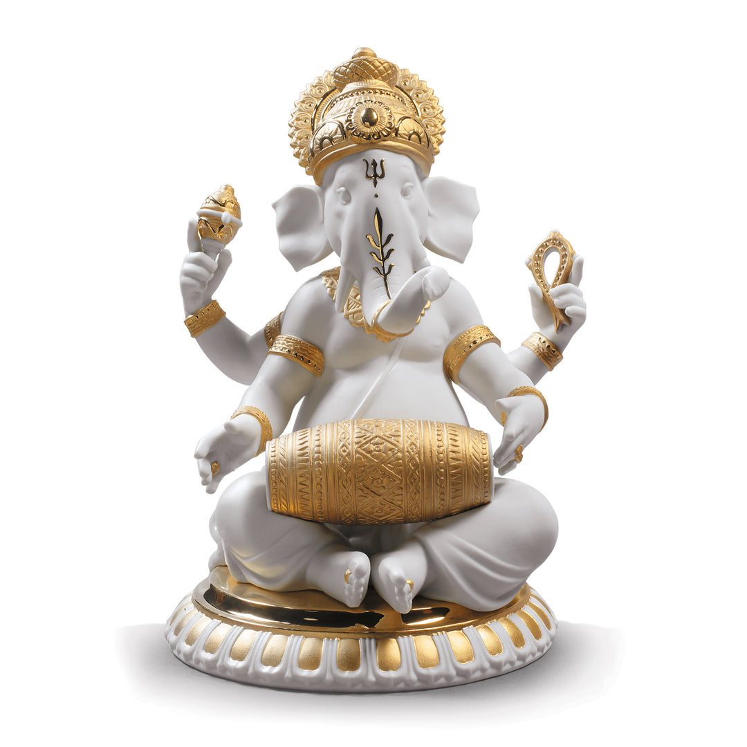 Lladro Mridangam Ganesha Figurine. Golden Lustre - 01009278