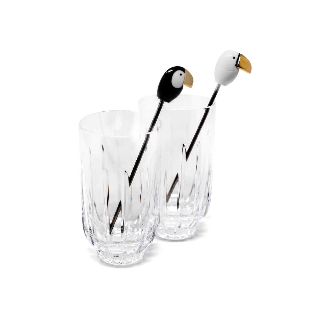 Lladro Toucan 2 tall Crystal Glasses + 2 Stirrers Set. Golden Luster - 01009465