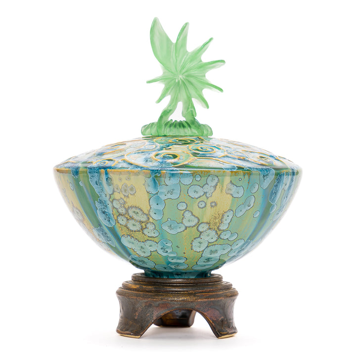 Porcelain vase with bronze base and teal crystal floral design by Debra Steidel