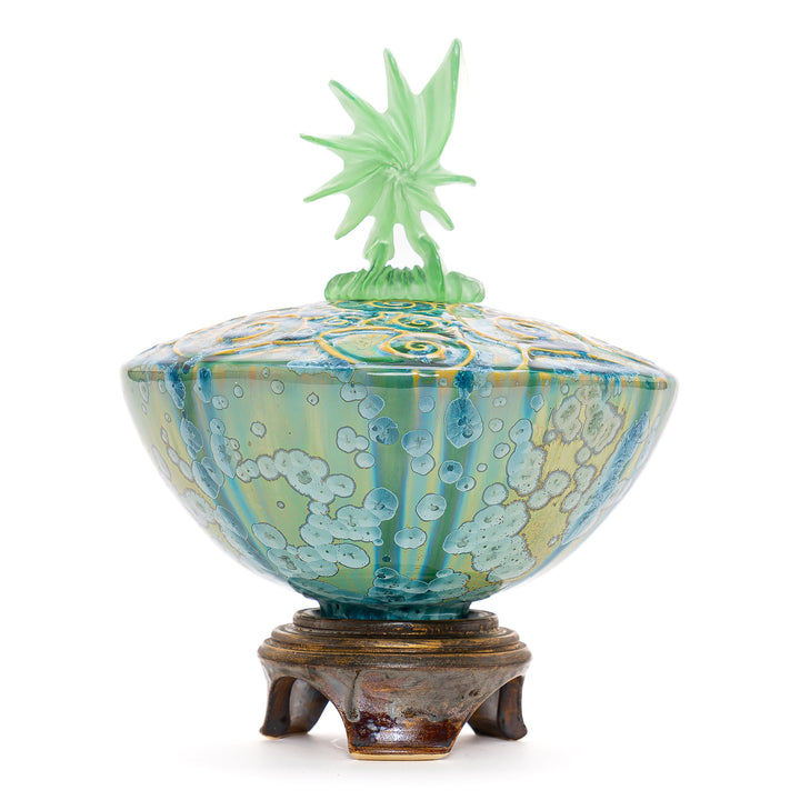 Handcrafted fine art porcelain vase with unique teal crystal embellishment