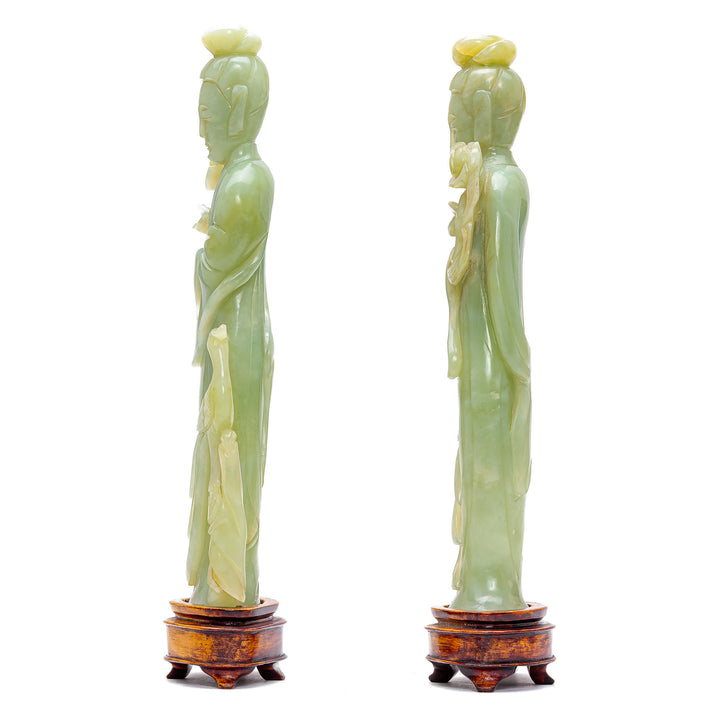 Pair Celadon Jade Maidens