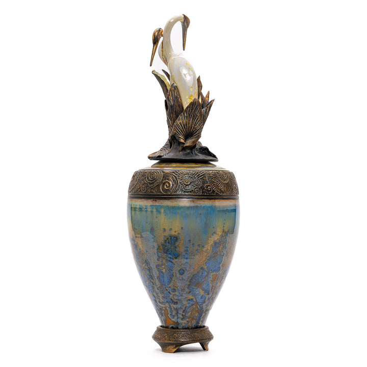 Aqua and Sea Blue Vase with Heron Finial