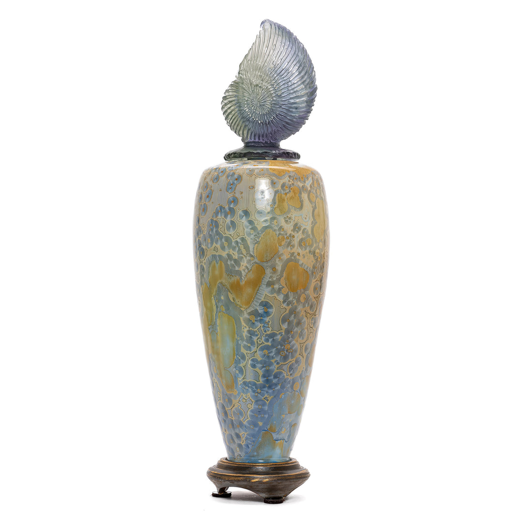 Green porcelain Ammonoidea vase with crystal seashell finial by Debra Steidel