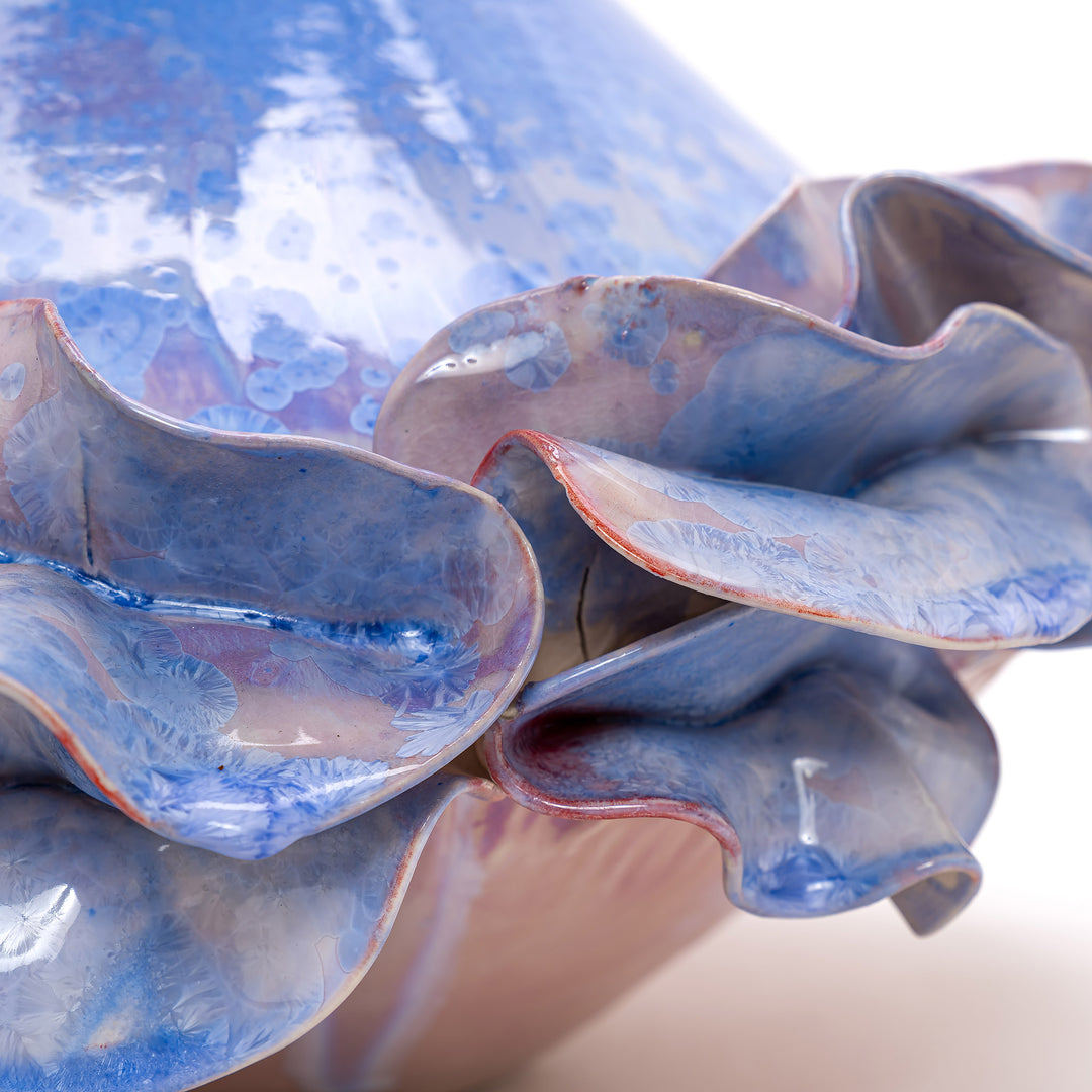 One-of-a-kind sculptural vase with periwinkle blue petals