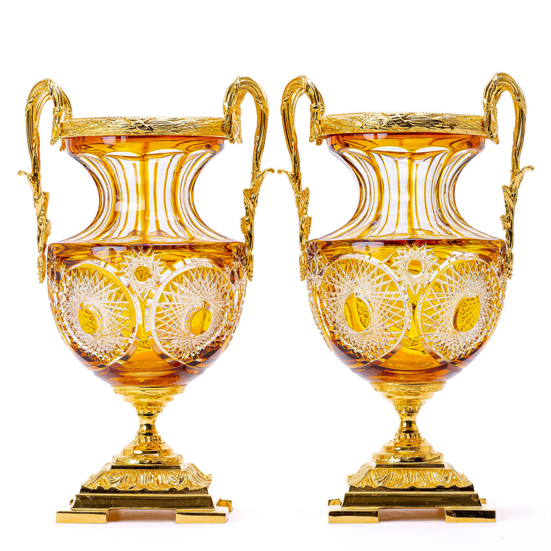 Pair Amber Crystal Urns