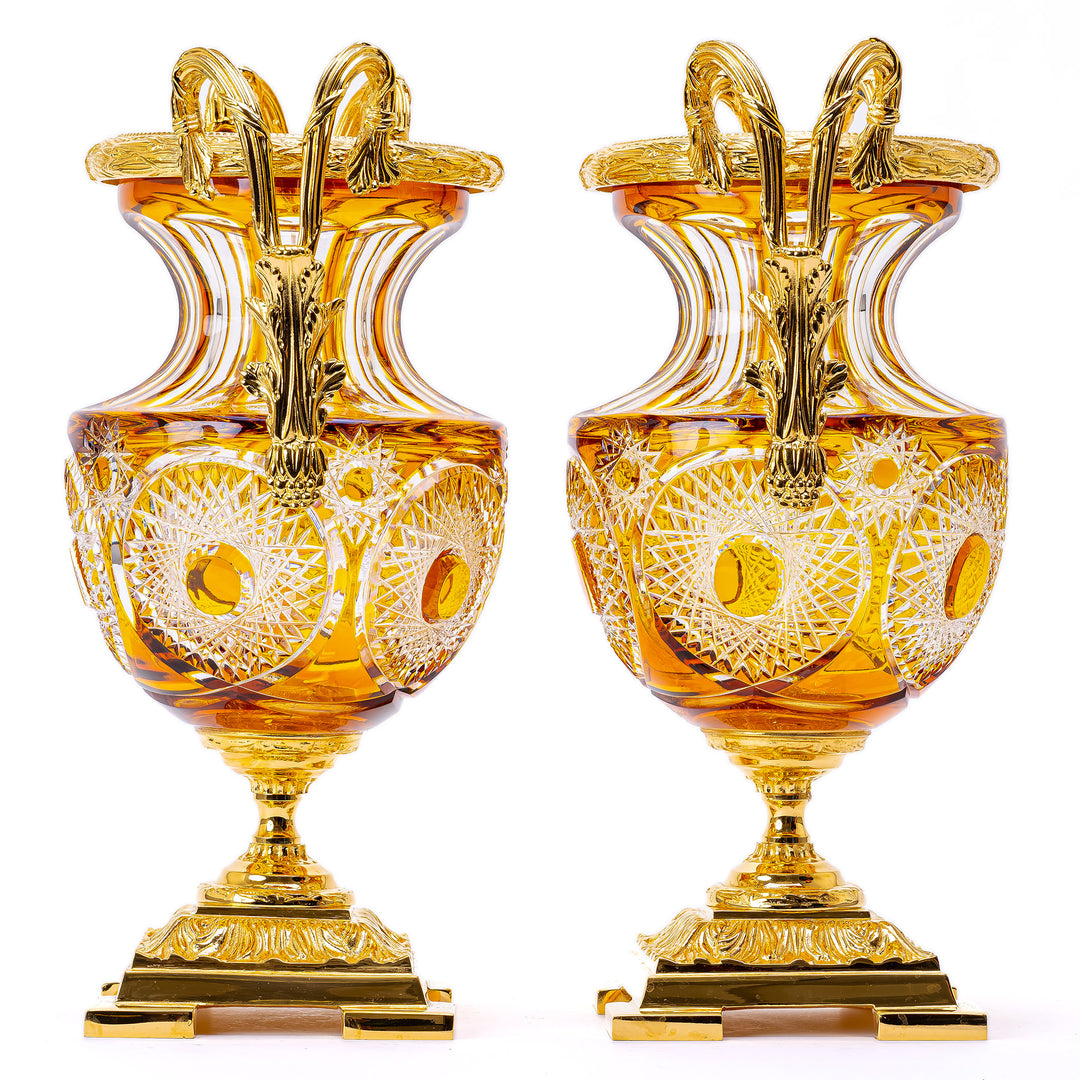 Pair Amber Crystal Urns