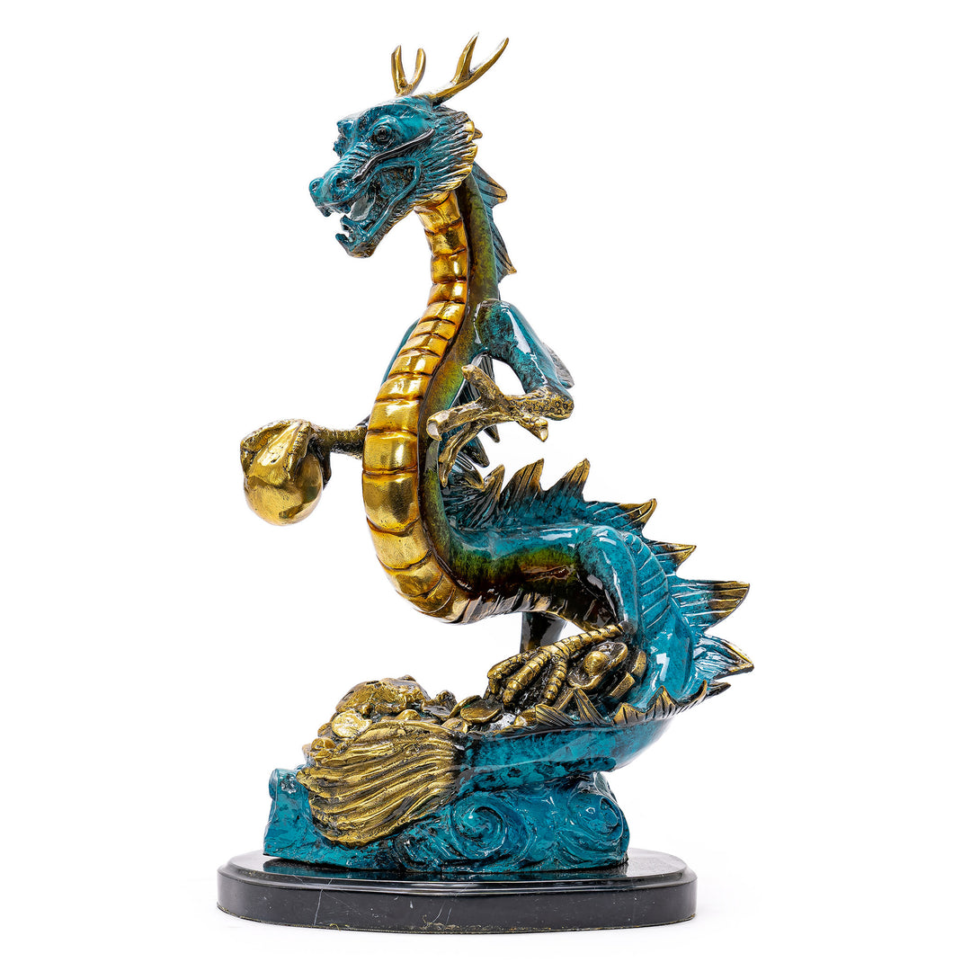All bronze dragon sculpture with custom patina on marble base