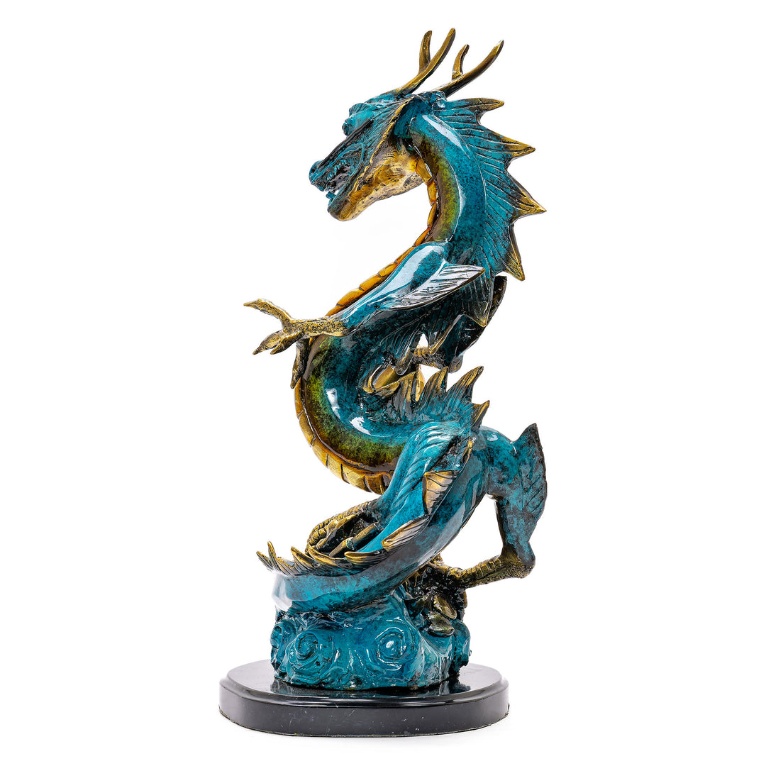 Mythical dragon statue holding pearl of wisdom